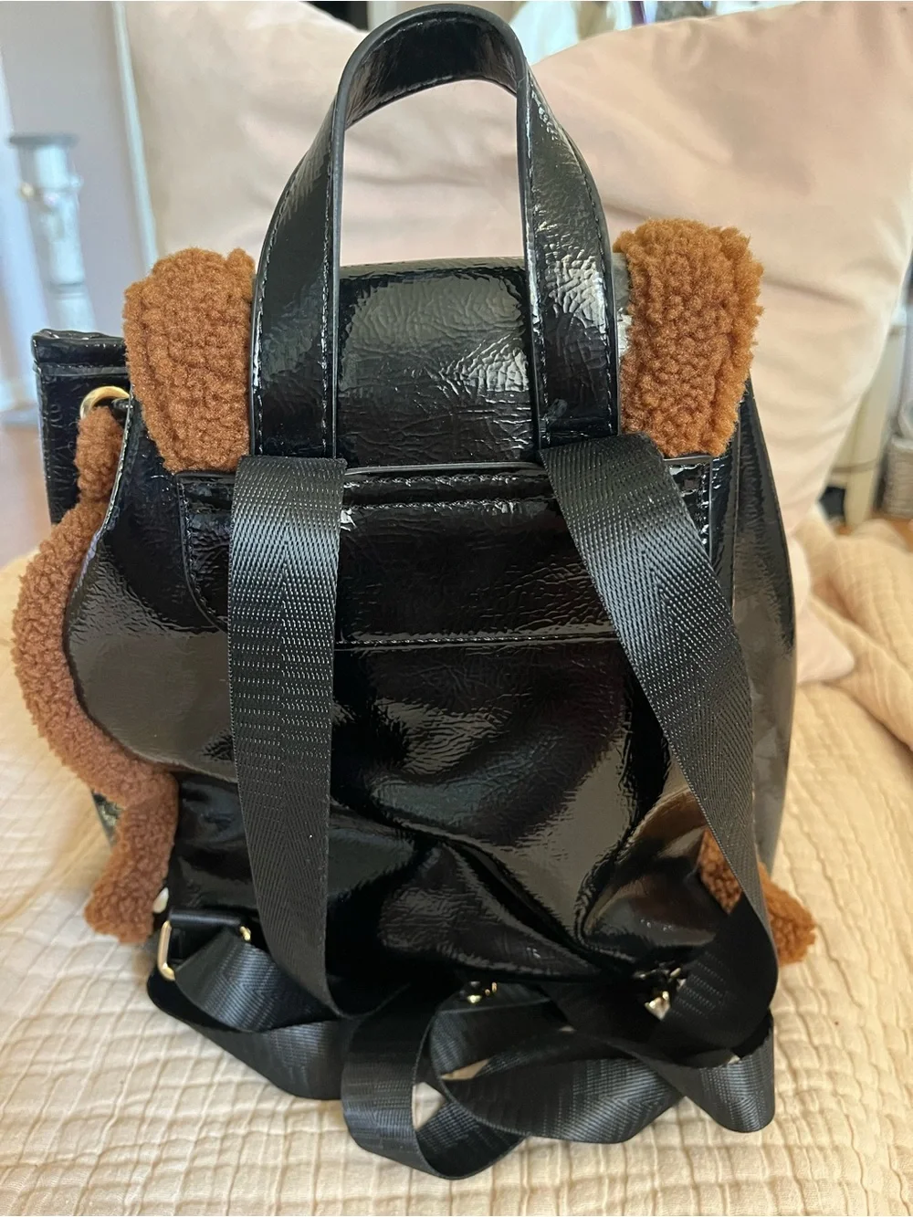 Black Patent Backpack with Brown Shearling Trim